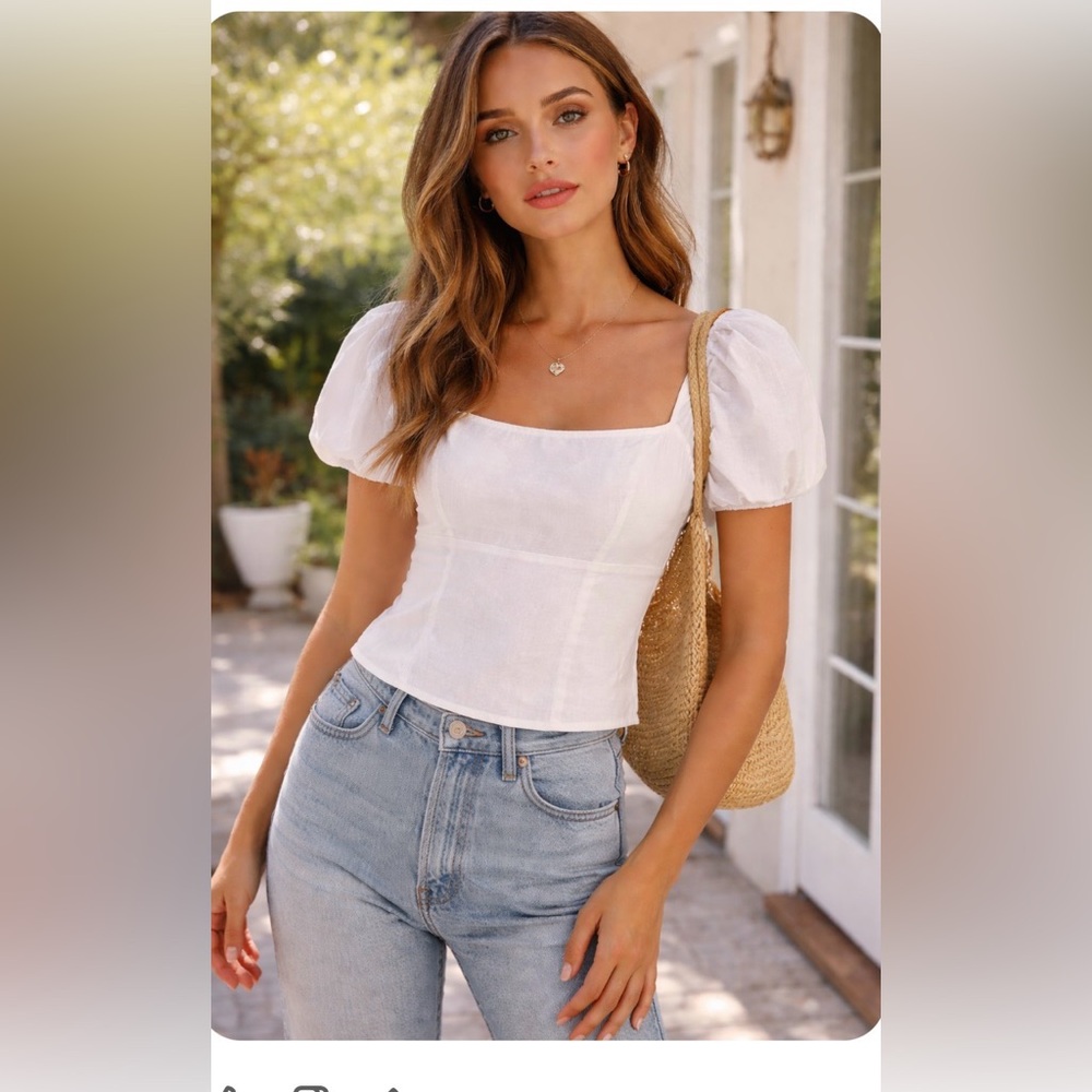 Reformation White Puff Sleeve Square Neck Blouse
